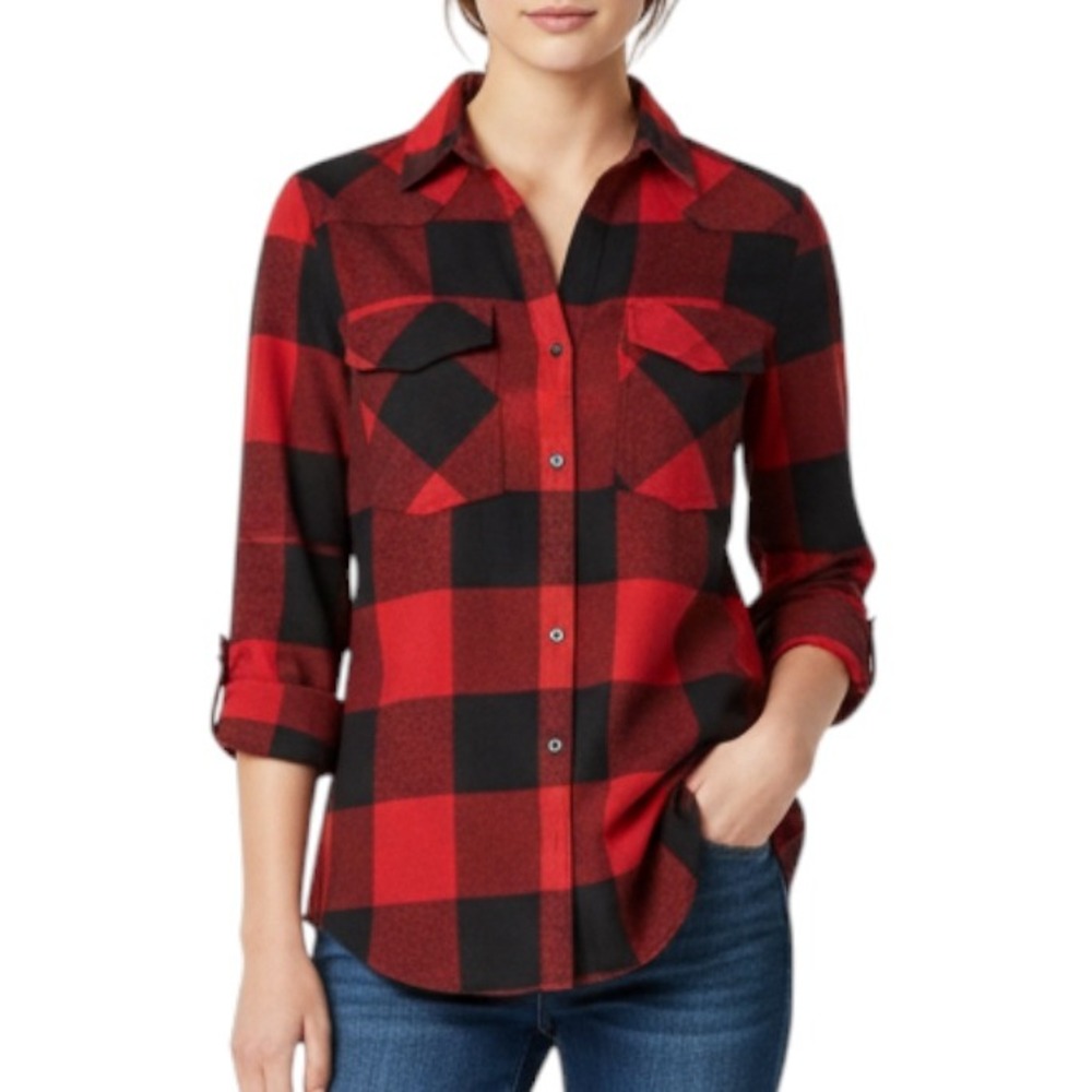 ZARA PREMIUM DENIM Red & Black Plaid/Buffalo Check SNAP-UP FLANNEL Shirt Top S
